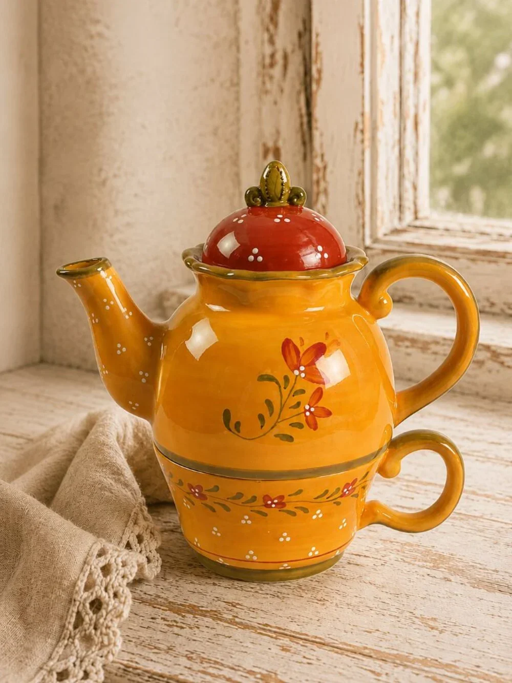 Vintage French Country Teapot & Matching Tea Cup Bienvenue by Demdaco